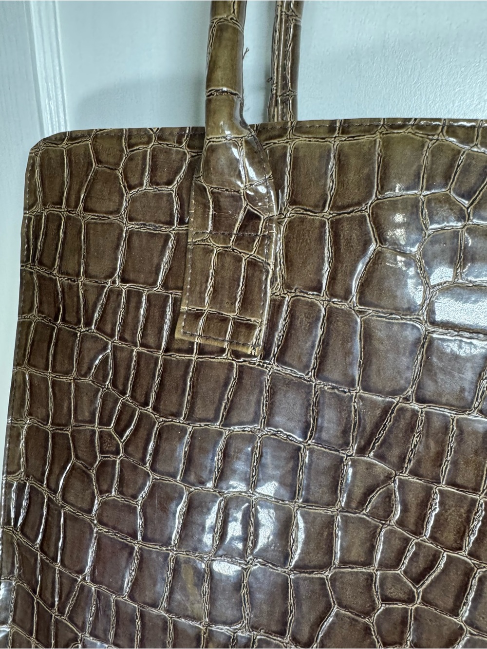 Murval Croc-Embossed Brown Patent Top-Handle Tote Laptop Bag - Picture 3 of 13
